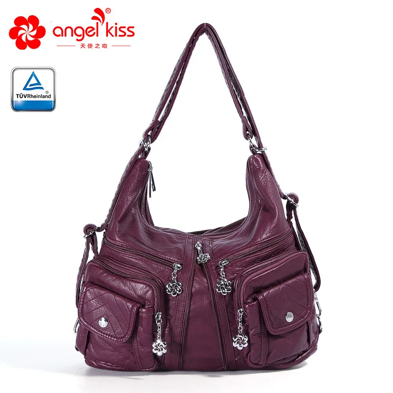 Purple Angelkiss Женская мода высокое качество промытый из искусственной кожи мотоцикл большой сумки на плечо мульти карман леди стильная сумка через плечо - Цвет: Purple