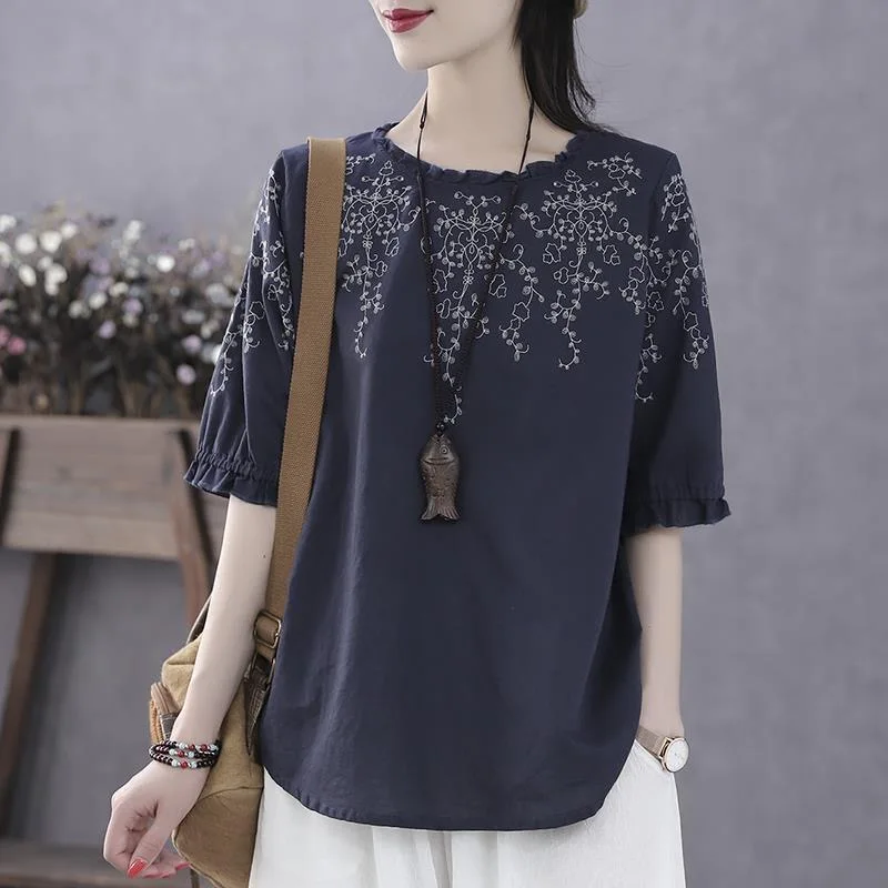 Fashion O Neck Cotton Tunic Women's Summer Blouse Causal Half Sleeve T ...