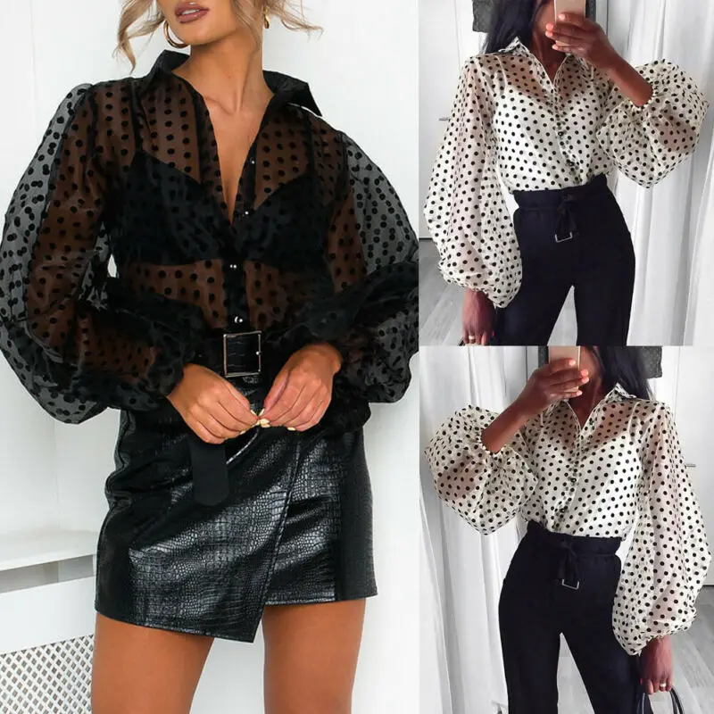 

AU Puff Sleeve Perspective Women Shirts Polka Dot Mesh Sheer See-through Long Sleeve Tops Blouse Tee Shirts