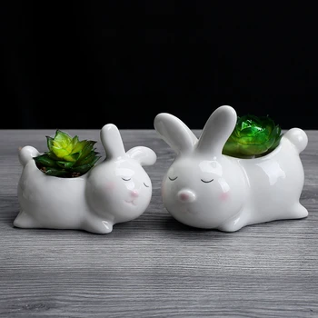

2pcs/set Creative Animal Ceramic Flowerpot Kawaii Rabbit Shaped Succulent Plant Bonsai Pot Home Balcony Decorations Supplies