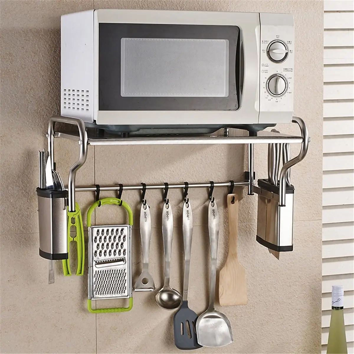  Stainless Steel Microwave Oven Bracket Wall Mounted Kitchen Rack Light Thickened kitchen Shelf Micr - 4000484522293