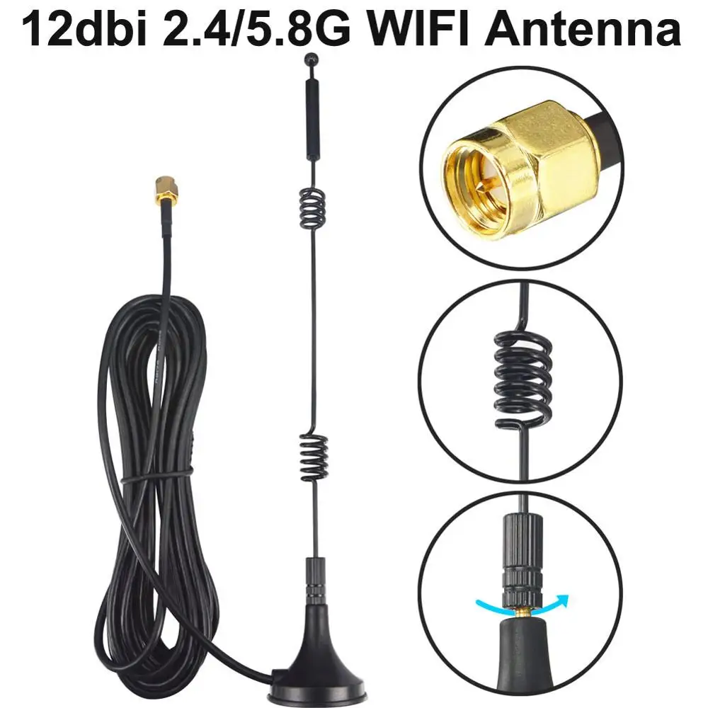 12dbi WIFI Antenna 2.4G/5.8G Dual Band Pole Antenna SMA Male With Magnetic Base for Router Camera Signal Booster