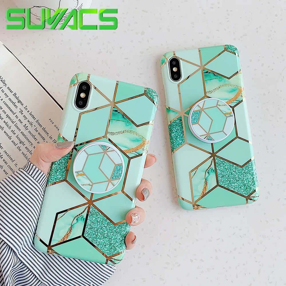 

SUYACS With Folding Telescopic Bracket Green Marble Case For iPhone XS MAX XR X 6 6S 7 8 Glossy IMD Soft Phone Back Cover Case