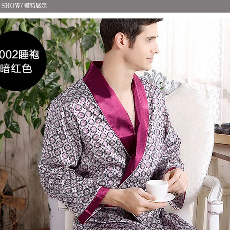 5XL 4XL Men Robe Silk Bathrobe Soft Cozy Long-sleeved Bath Gown Printed Geometric Robes Satin Sleepwear Nightgown Home Bath Robe