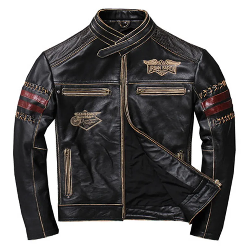 Men's Genuine Leather Jacket Motorcycle Leather Jackets Cowhide Stand Collar Slim fit Coat for Male