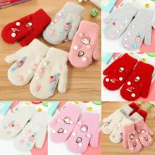 Pudcoco/милые зимние теплые перчатки для маленьких мальчиков и девочек; вязаные варежки с толстым мехом и милым рисунком из мультфильма