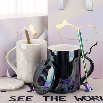 

Creative cup female Japanese ceramic mug with lid spoon couple cup breakfast milk cups pearl glaze cup teacup Gift Coffee mugs