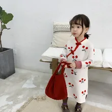 Г. Зимняя вязаная одежда для маленьких девочек; Чонсам в китайском стиле с вишневым узором; новогодняя Детская одежда; Толстый милый детский свитер; платья