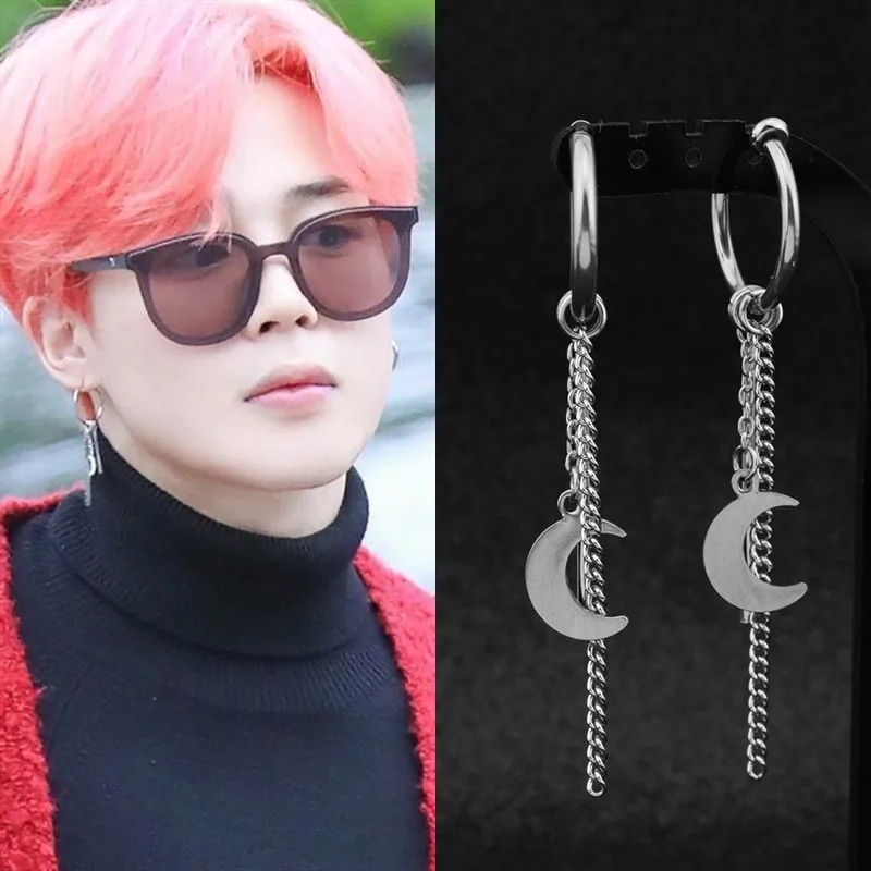 Корейская мода Луна кисточкой цепи 1 пара серебряных JIMIN серьги гвоздики кулон из