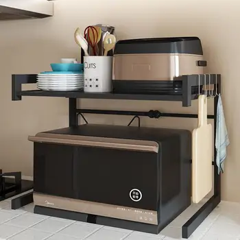 

Kitchen Microwave Storage Rack Black Double Layer Retractable Oven Rack Multifunctional Table Top Seasoning Storage Rack