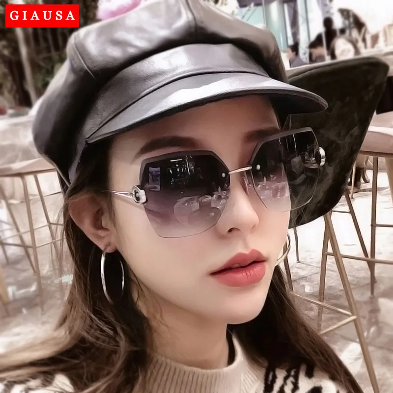 

Zonnebril Dames New Rimless Diamond Cutting Lens Sunglasses For Women Brand Designer Shades Sun Glasses Oversize Women's Glasses