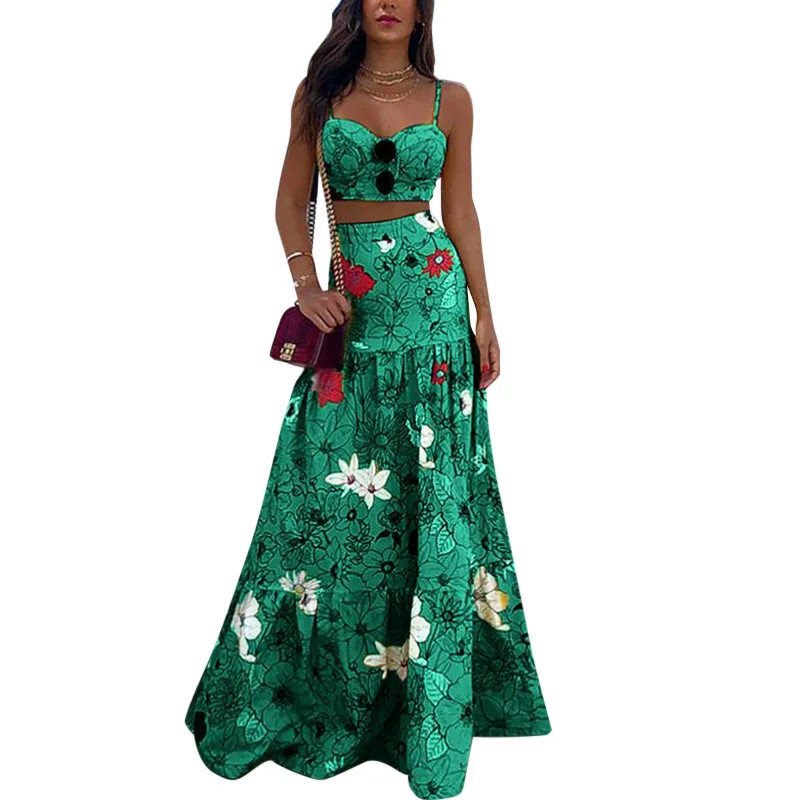 3XL Long Dress Suit 2 Piece Women Sexy Halter Top + Loose Dashiki Long Skirt 2021 Summer New Fashion Elegant Party Vestidos Set