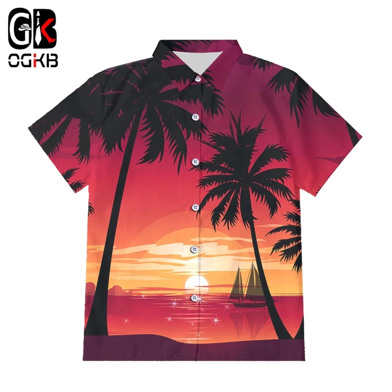 

OGKB Sunset Coconut Tree Hawaiian 3D Print Button Shirt Short Sleeve Men And Women shirt Slim Hip Hop Streetwear Oversized