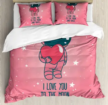 

Valentines Duvet Cover Set I Love You to The Moon and Back Lettering with an Astronaut Holding Heart Decorative 3 Piece Bedding