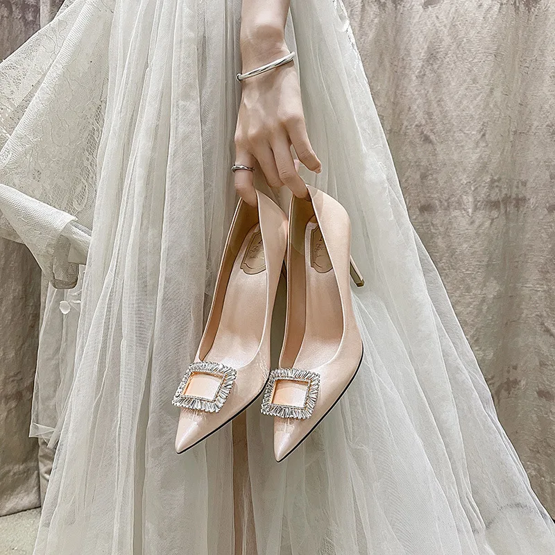 

Spring satin pointed stiletto high heel bridal wedding shoes rhinestone party dress large size small size women's single shoes