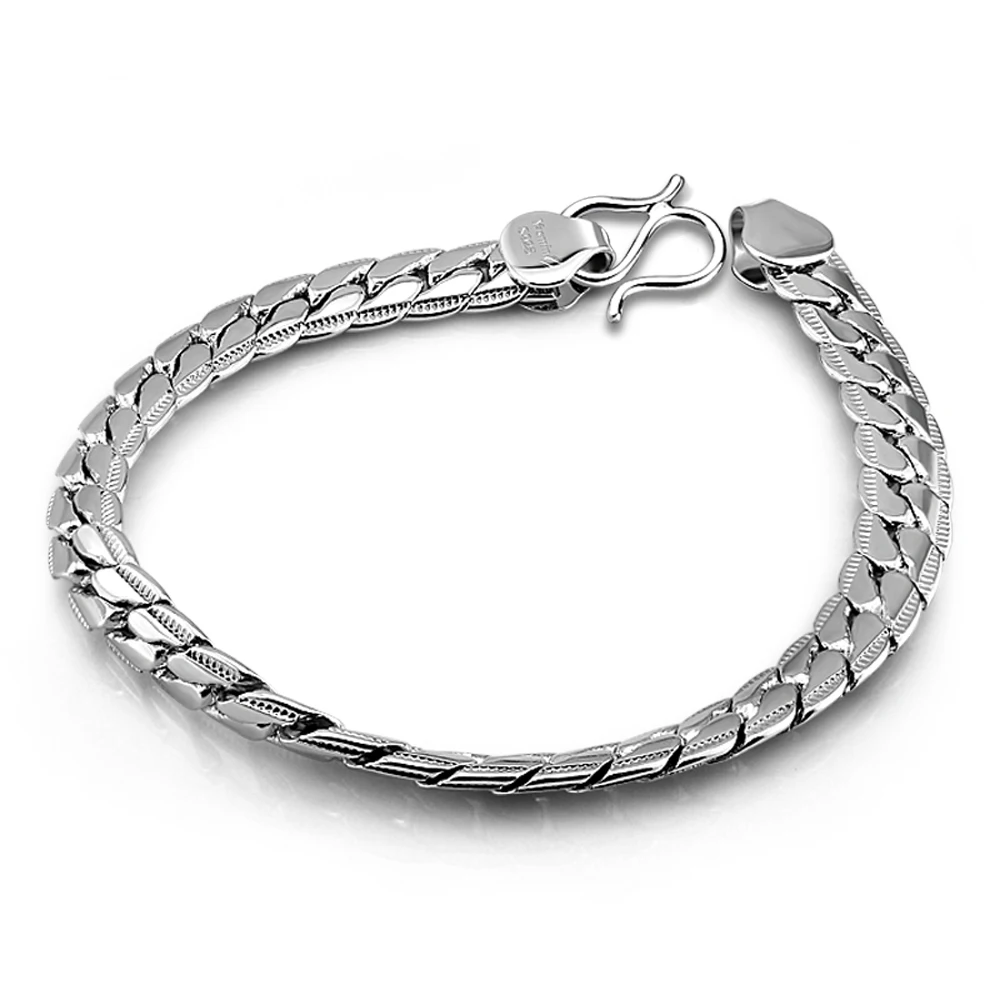 Width 7mm Genuine 100%925 Sterling Silver Flat Necklace Man 20/22 inches Snake Chain punk Curb Cuban Chain MenFine Jewelry Gift - Окраска металла: S buckle 20cm