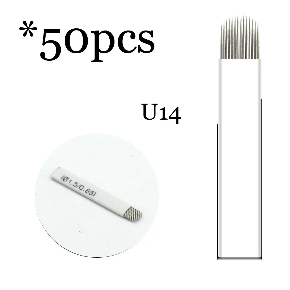 50pcs14U 0,18 мм 7 9 11 12 14 U форма Перманентный макияж бровей flex иглы татуировки лезвия для 3D микроблейдинга Ламина лезвие Agulhas Tebori - Габаритные размеры: 50pcs14U