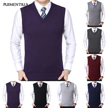 

Puimentiua Men Solid Color V-neck Sweater Vest Business Casual Wear Spring Fashion Wear 2020 Size M-3XL Sleeveless Warm Wear