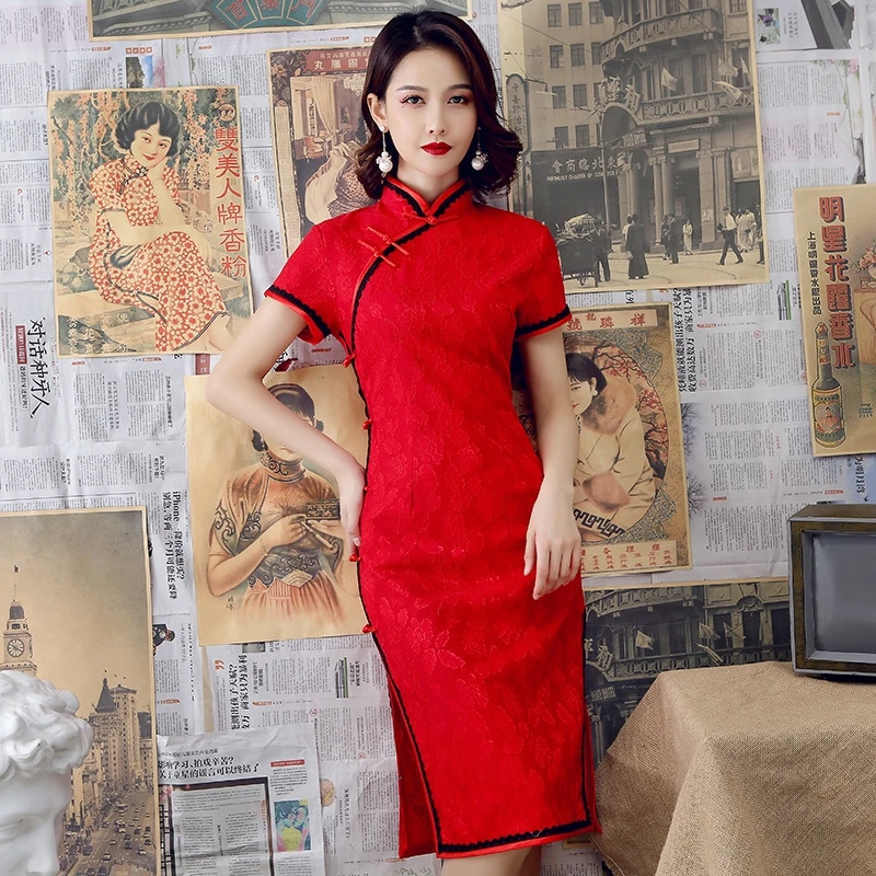 Traditional Chinese Qipao Cheongsam Autumn Lace Handmade Button Elegant Vintage Women Long Dress