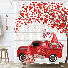 

Valentine's Red Truck Shower Curtain Gnome Heart Rustic Tree Wooden Bath Curtains Waterproof Polyester Bathroom Decor with Hooks