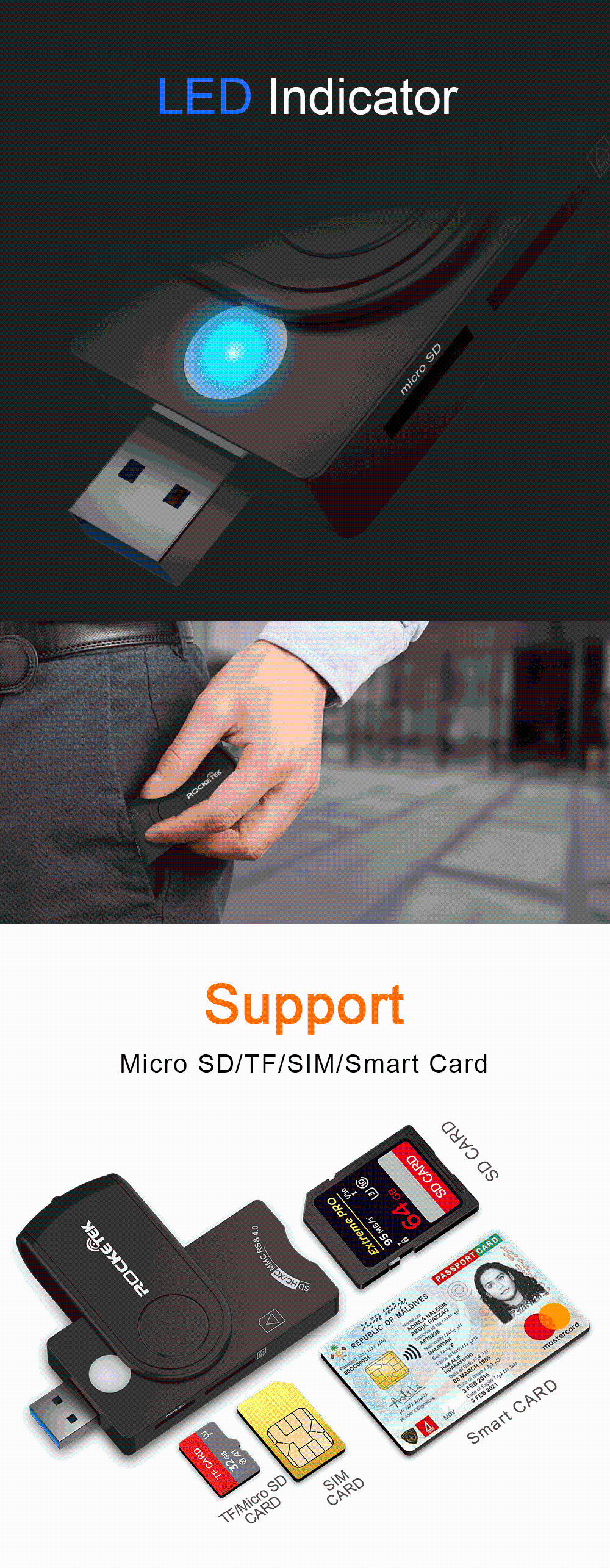ROCKETEK USB3.0 2,0 смарт-кард-ридер мульти-карта памяти SIM кард-ридер TF кард-ридер SCR10A адаптер компьютер ПК