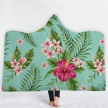 

Tropical Plants Green Leaf Hat Blanket Adult Hooded Coral Fleece Warm Wearable Blanket Wool Blanket Winter blankets 150x130cm