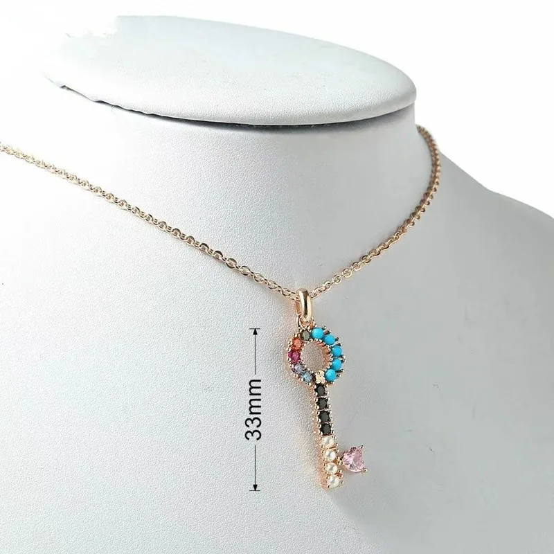 Fashion Women Silver Rose Gold Stainless Steel Color Zircon Crystal Key Heart Pendant Necklace Jewelry