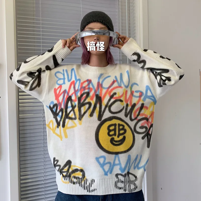 Fashion Streetwear Hip Hop Coat Sweater Autumn Winter Men And Women Lovers Doodle Do Used Knitting Unlined Upper Garment