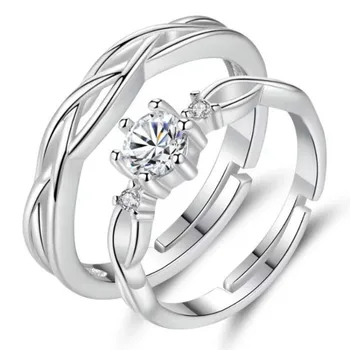 

S925 Sterling Silver Zircon Couple Ring Simple Twisted Opening Resizable Men and Women Rings Fashion Wedding Jewelry