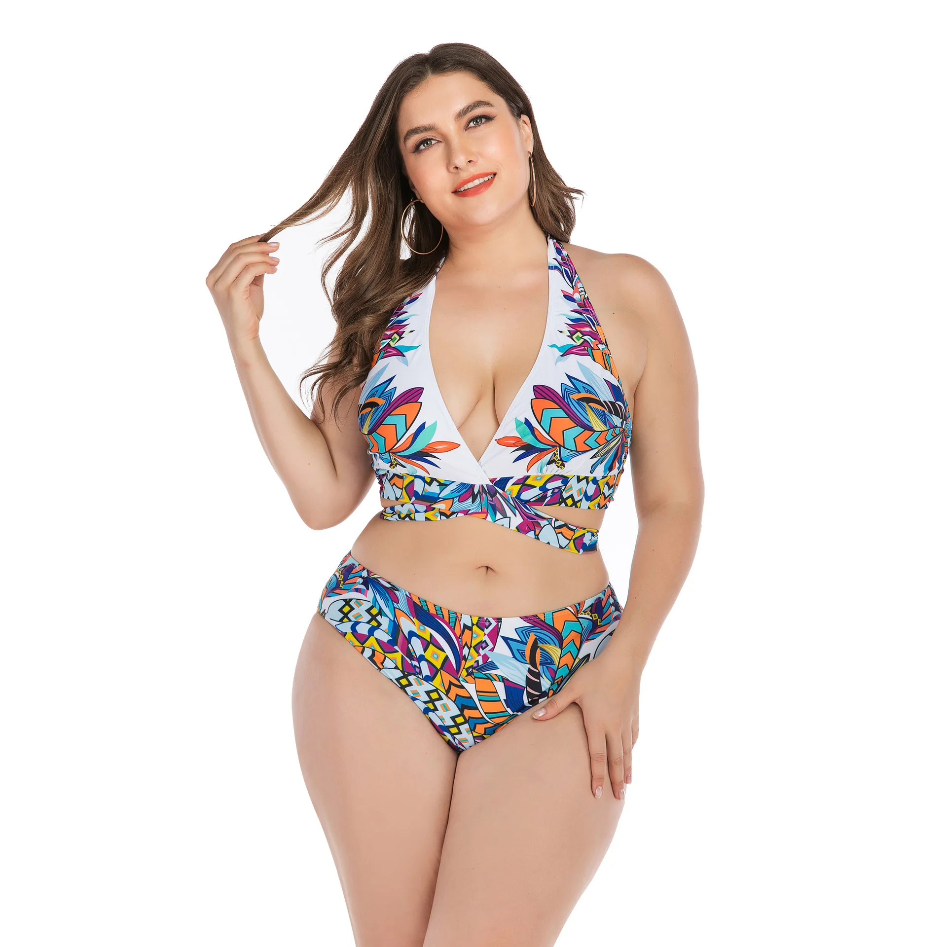 

2020 New Style Europe And America Large Size Split Type Bikini Bathing Suit Sexy Halter Plus-sized WOMEN'S Swimsuit