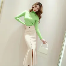 LANMREM Однотонная юбка рыбий хвост зимняя женская новая Корейская стильная однобортная плиссированная трикотажная юбка с высокой талией PC304