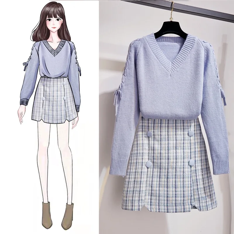 

Plaid mini skirt set Korean style women 2 piece set girl student casual Sweet 2 piece outfits femme winter sweater set