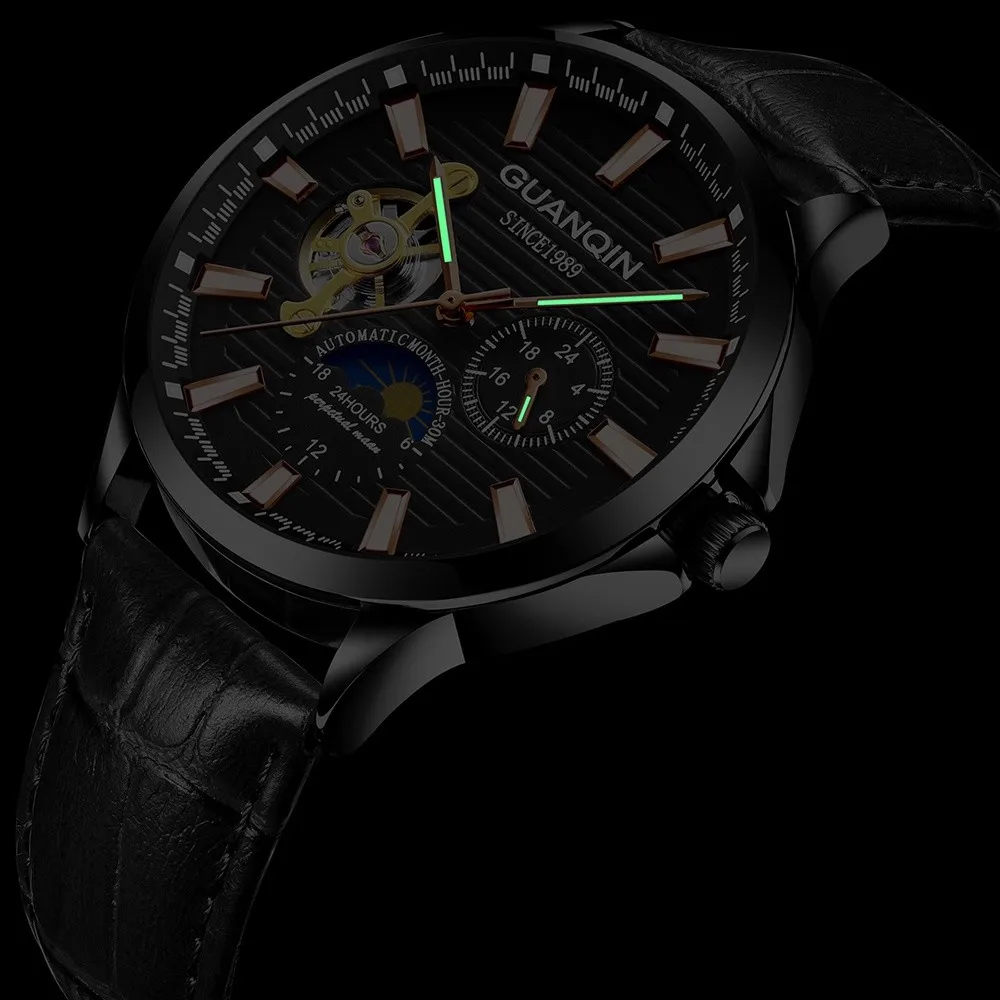 GUANQIN брендовые классические мужские модные часы автоматические механические часы с турбийоном из натуральной кожи водонепроницаемые деловые наручные часы