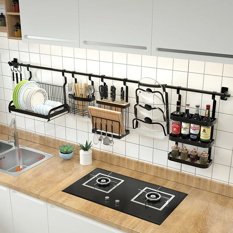 Kitchen rack wall hanging black stainless steel water dishes multi-functional home hanger free punch-free storage rack