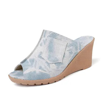 

Summer Ladies Shoes With Heels Stylish Womens Blue Cowboy Comfortable Open-Toe Shoes Wedges Platform Black Open Sandals Slipper