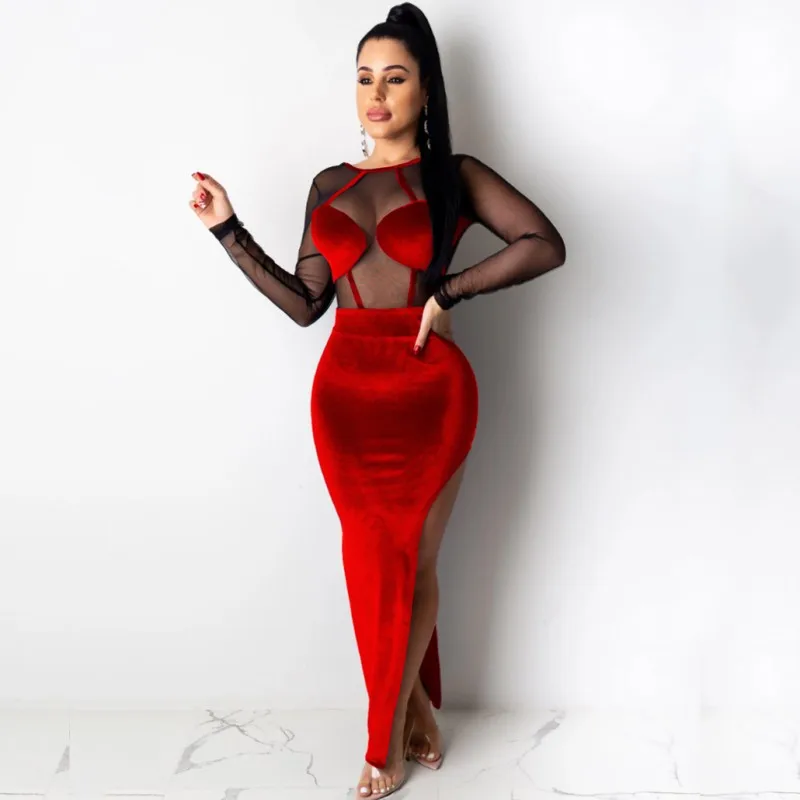 Women 2020 Spring Winter Long Maxi Dress Mesh Patchwork Full Sleeve Velvet Sexy Night Club Party Bandage Bodycon Dresses | Женская