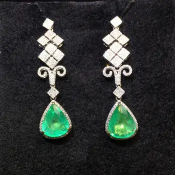 

P115 Fine Jewelry Real 18K Gold Green Emerald 3.95ct Gemstones Diamonds Female Drop Earrings for Women Fine Earrings