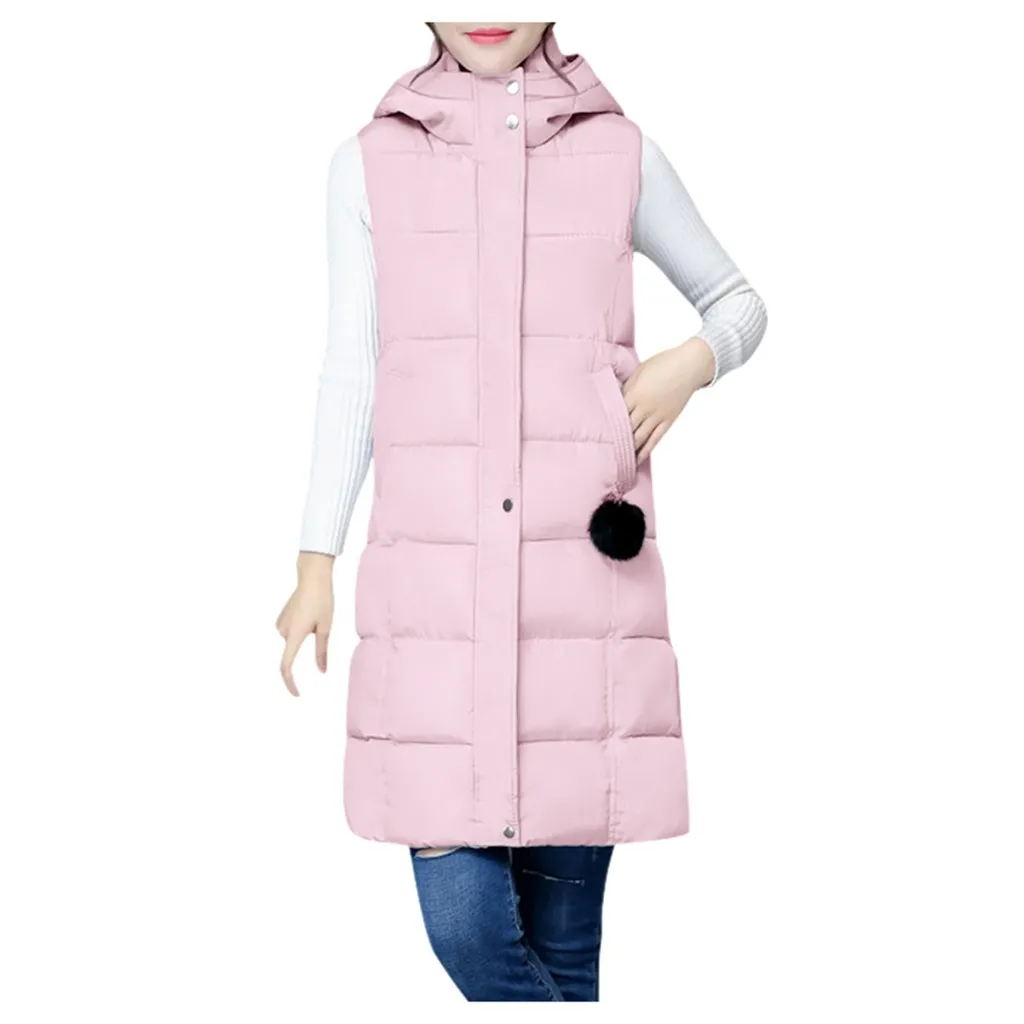Розовый Winter vest women long vest Casual Slim thick warm Autumn hooded sleeveless waistcoat long zipper winter vest female M-3XL - Цвет: Розовый