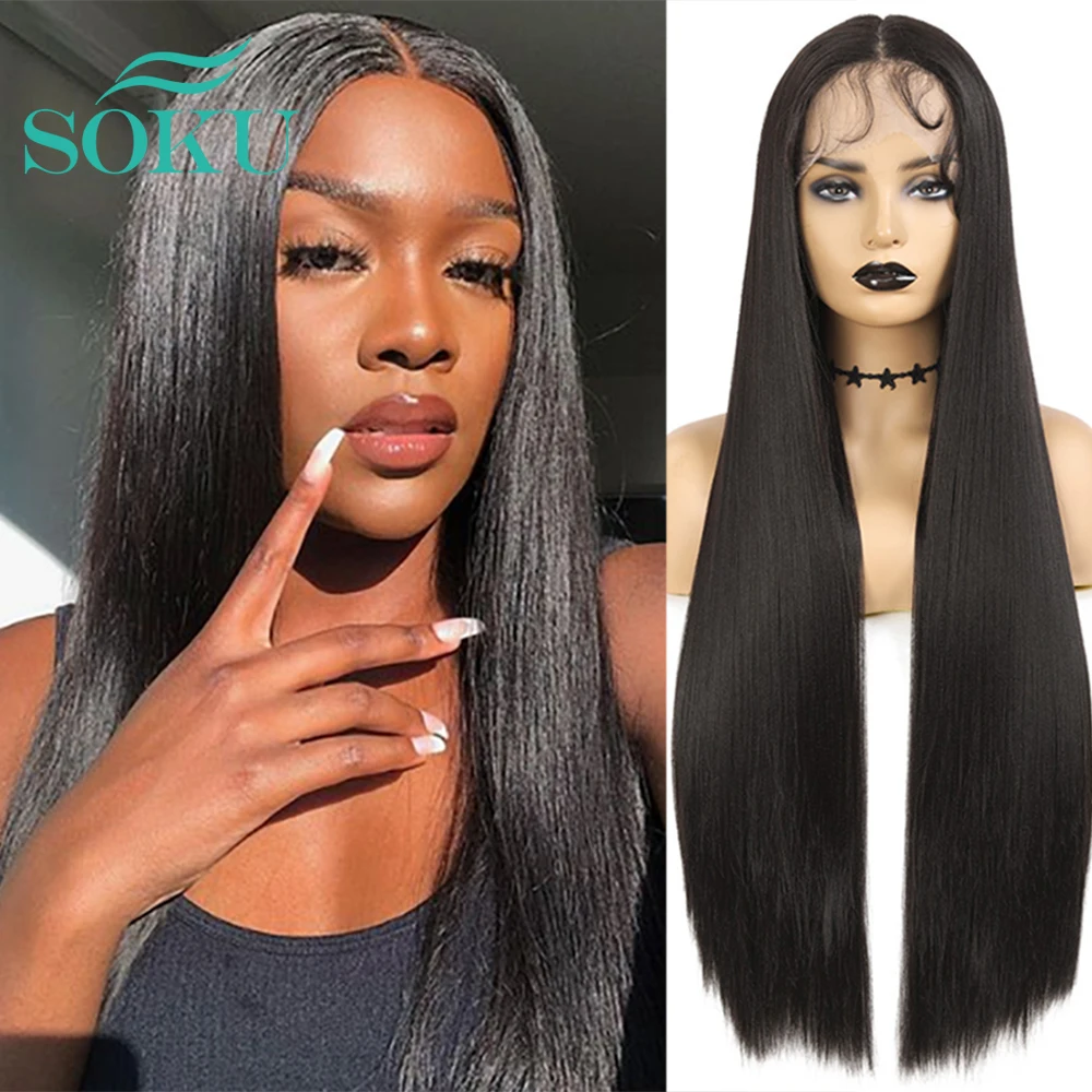 Synthetic Lace Wig Long Straight Wig With Baby Hair SOKU Heat Resistant Fiber Hair Natural Middle Part Wig For Black Women