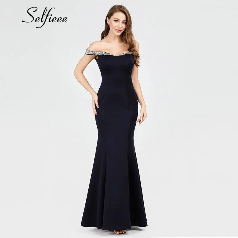 

Sequined Vintage Long Women Dresses Mermaid Sequined Off The Shoulder Navy Blue New Elegant Summer Maxi Dresses Robe Femme 2019