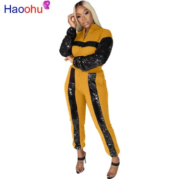 

Sequined Patchwork Sexy Two Piece Set Sweat Suits Women Stand Collar Full Sleeve Crop Top and Pencil Pants Causal Plus Size Set