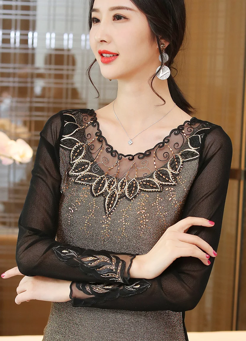 Blusas mujer de moda Осенняя сетчатая рубашка с длинными рукавами модная повседневная открытая Футболка с бриллиантами Большие размеры женские топы