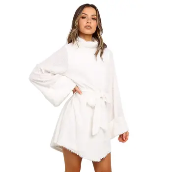 

Winter Dress Women Vintage Elegant Solid Color Long Sleeve Turtleneck Dress Fashion Sashes Decoration A-Line Dress vestidos