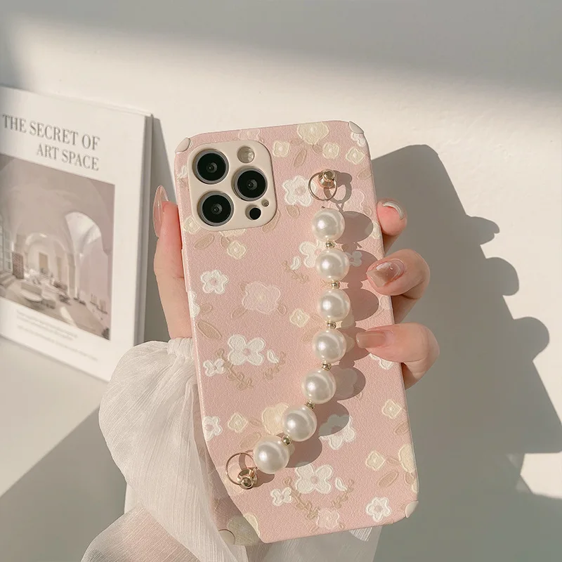 Art Pink Floral Flower Pearl Bracelet Phone Case For iPhone 12 Mini 11 Pro Max X Xs Max Xr 7 8 Puls SE Cases Soft Leather Cover