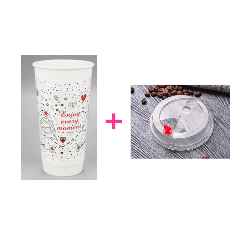 cup and lid 50 шт. одноразовая Рождественская Новогодняя красная кофейная чашка с двойными стенками для чая, изоляция горячих напитков, вечерние бумажные чашки с крышкой - Цвет: cup and lid