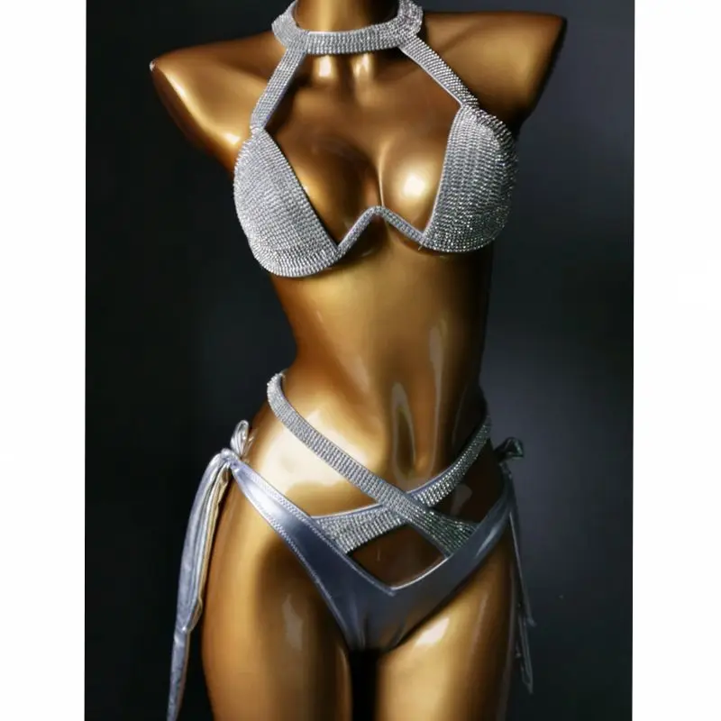 

2022 Fashion Sexy Halter Glitter Rhinestone Swimsuit Push Up Solid Unpadded Wire Free Cross Adjustable Bandage Women Bikini Set