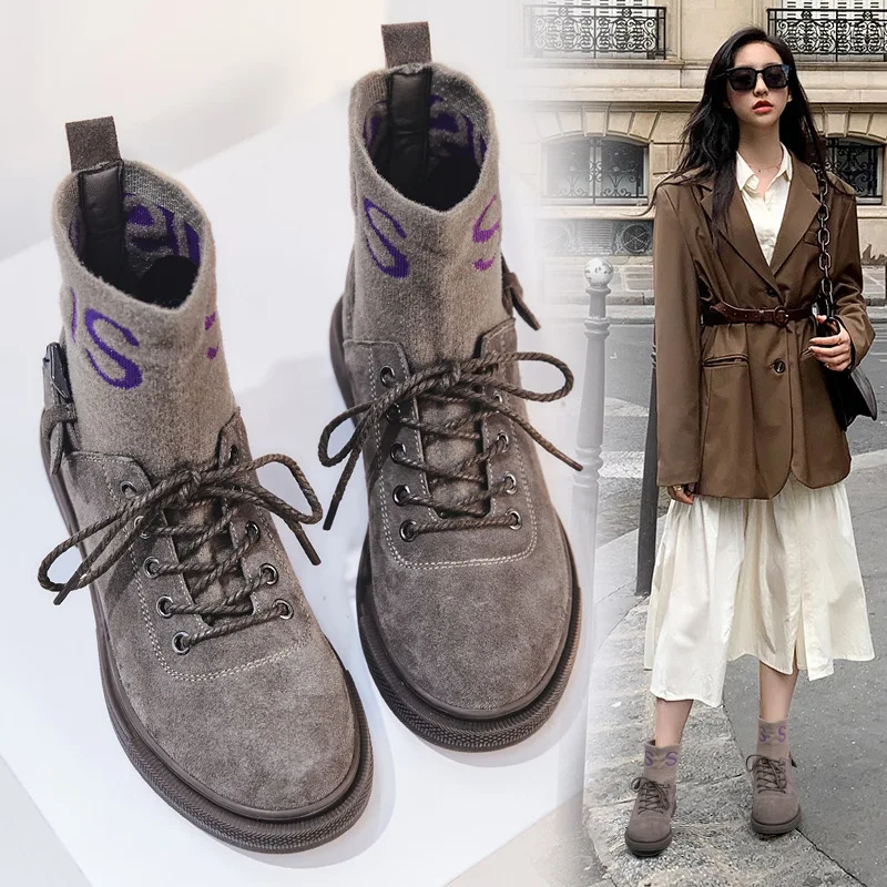 

Genuine Leather Snow Boots Women's round-Toe Suede Casual Leather Boot Lace up Front Fashion Boots Waterproof Biker Boots Semi-h