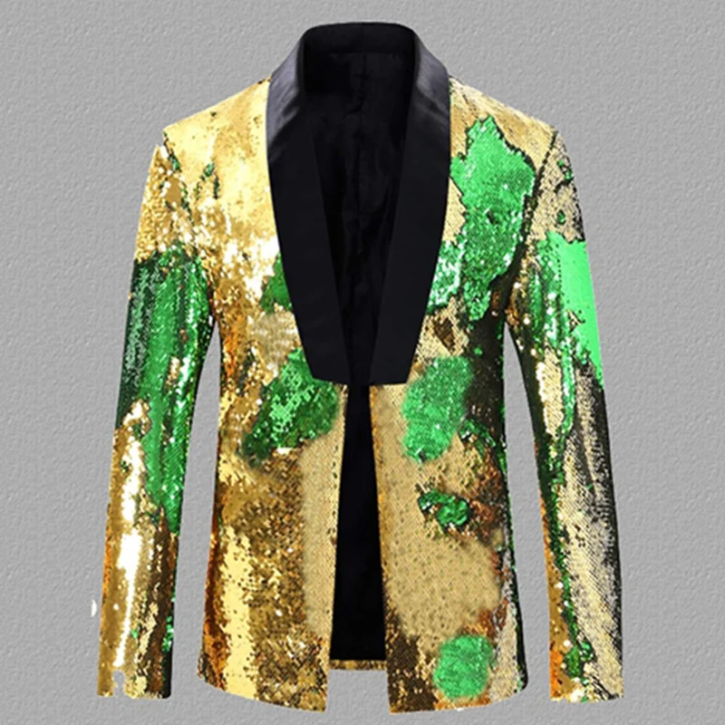 Green and Gold Блестящая блестящая мужская куртка с пайетками, двухцветная куртка для певицы с блестками, крутой блейзер для ночного клуба и бара - Цвет: Green and Gold