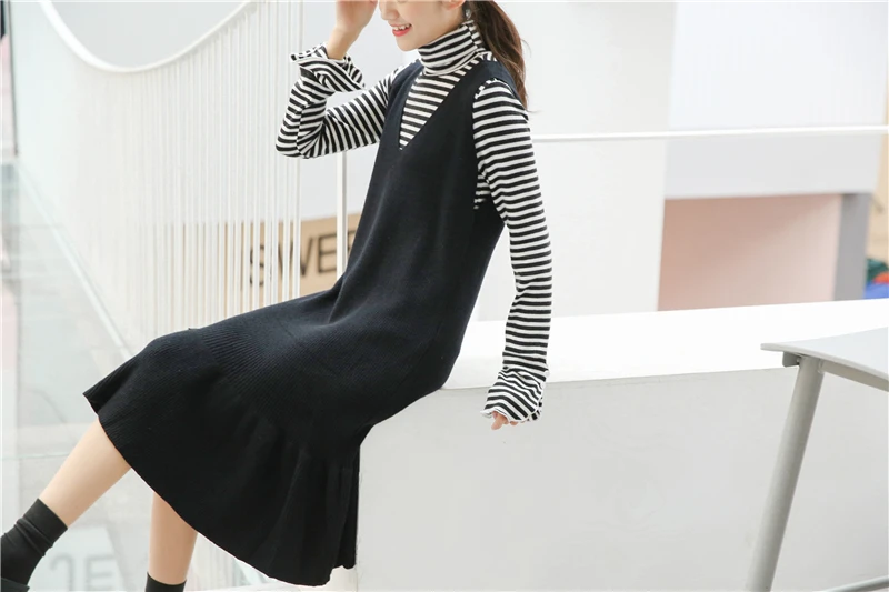 Япония Мори девушка студенческий стиль зимнее платье женское без рукавов жилет v-образным вырезом длинный вязаный свитер платья черный, хаки