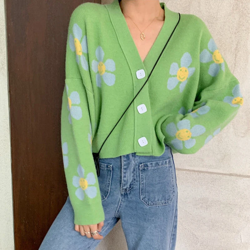 Smiley Face Flower Cardigan Button Up V 
